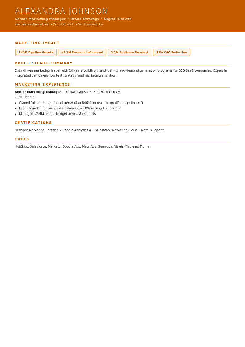 Marketing Manager resume template example